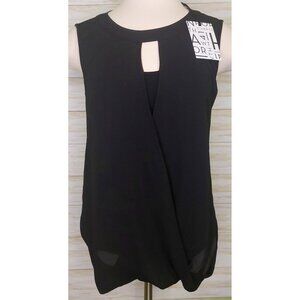 41 Hawthorn Women's Black Drape Front Blouse With Ribbon Tie Neck Sheer Front